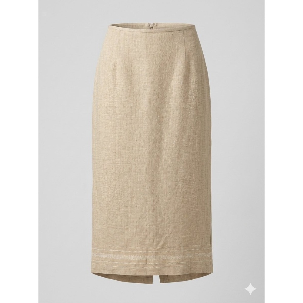 Norton McNaughton Tan Linen Cotton Embroidered Hem Midi Skirt Large Vintage